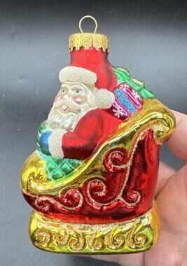 Unique Treasures Santa Sleigh Hand Blown and Painted Crafted Glass Ornament -BG1